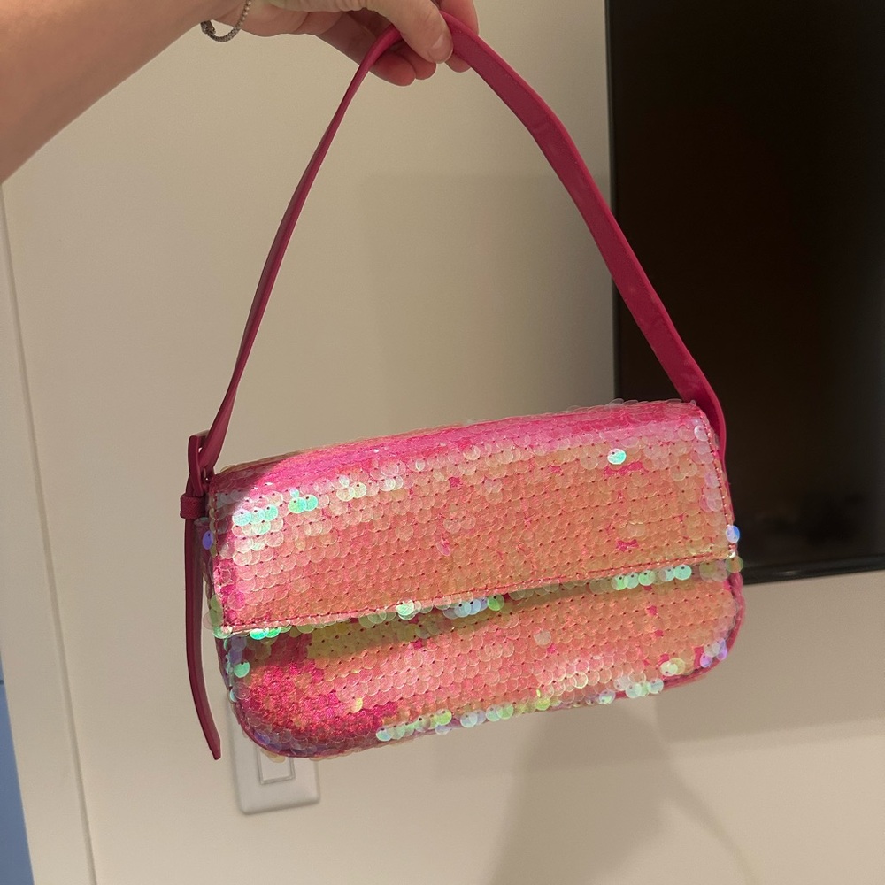 Na-Kd Pink Sequin Handbag with Magnetic Closure, Zip Pocket & Side Pocket Inside